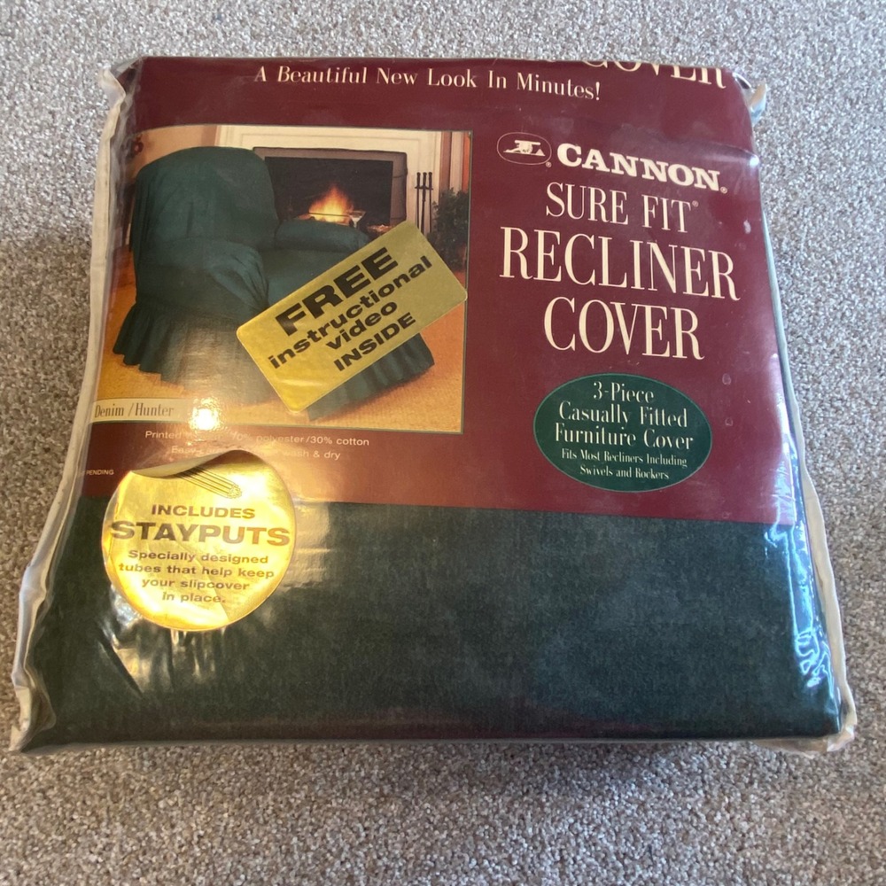 Cannon Sure Fit Recliner Cover 3 Piece Hunter Green Denim Slipcover Stayputs NEW